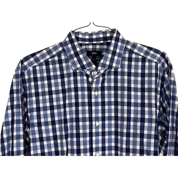 Boss Plaid Shirt 18 Blue Slim Fit Preppy Checks Workwear Coastal Resort Nautical - Picture 4 of 12